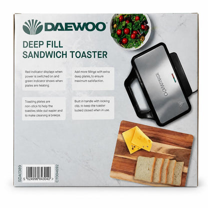 Back of Daewoo Deep Fill Sandwich Toaster packaging