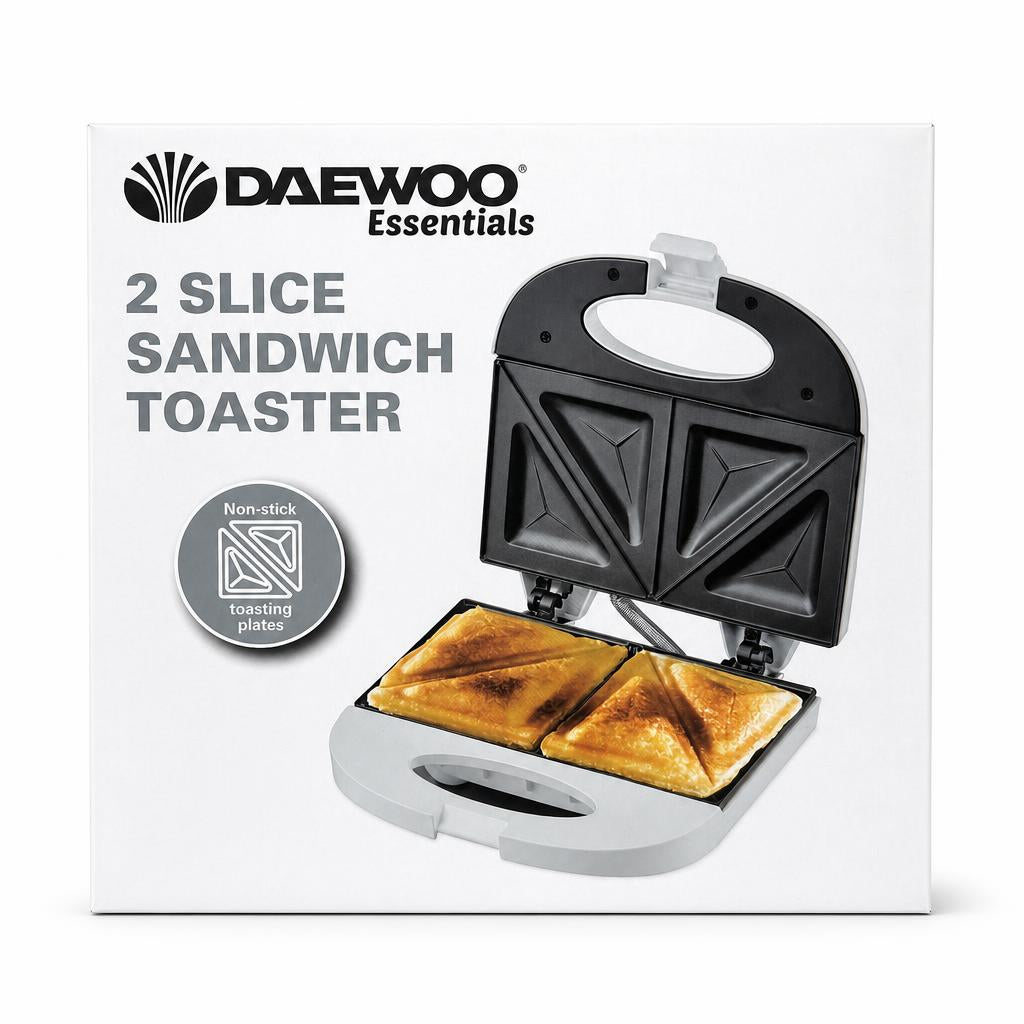 Front view of the Daewoo Essentials 2 Slice Sandwich Toaster packaging
