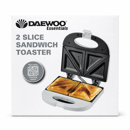 Front view of the Daewoo Essentials 2 Slice Sandwich Toaster packaging
