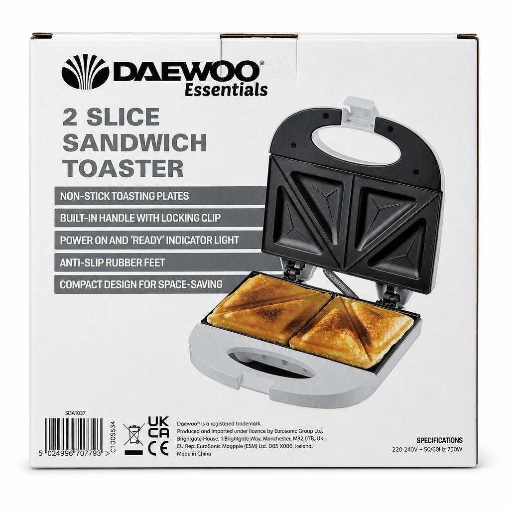 Back view of the Daewoo Essentials 2 Slice Sandwich Toaster with features listed