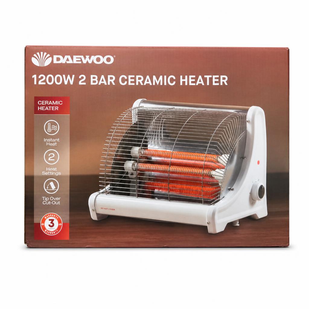 Daewoo 1200W 2 Bar Ceramic Heater front packaging