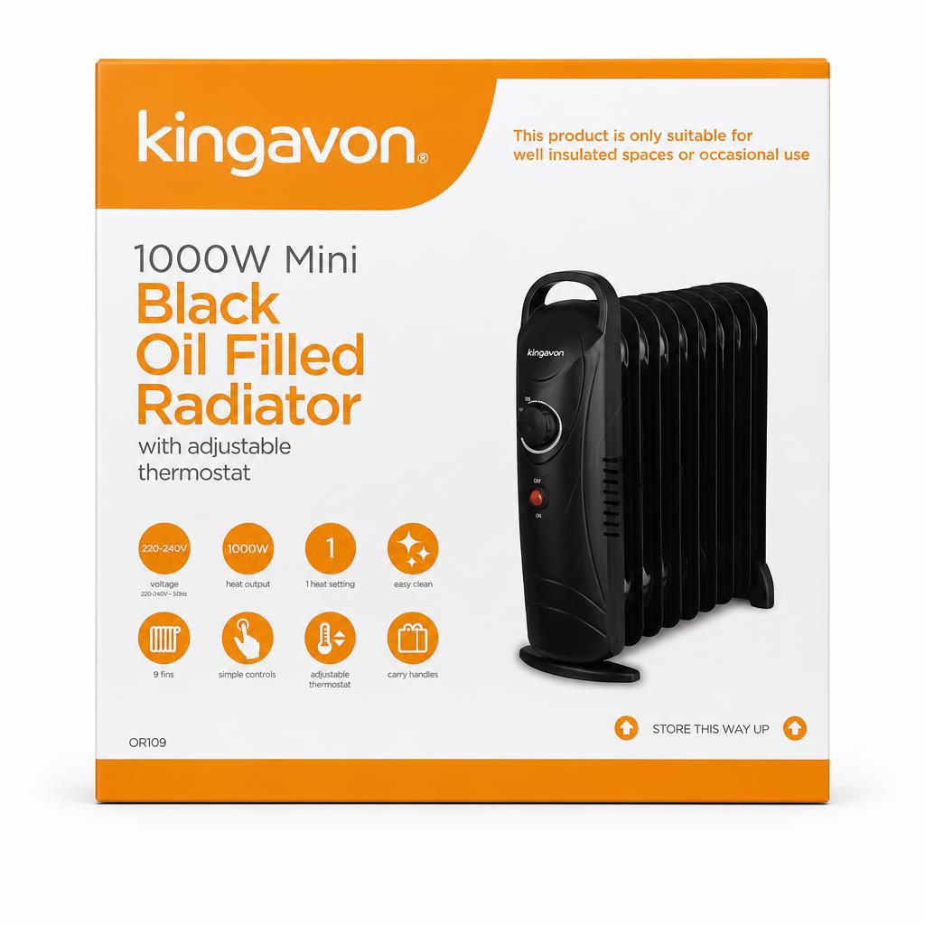 Kingavon 1000W Mini Black Oil Filled Radiator packaging front