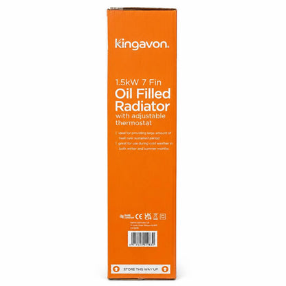 Side view of Kingavon oil filled radiator packaging with specifications