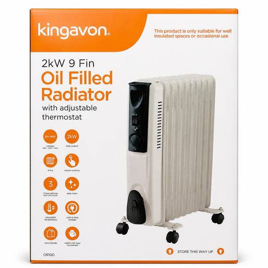 Kingavon 9 Fin Oil Filled Radiator packaging front view