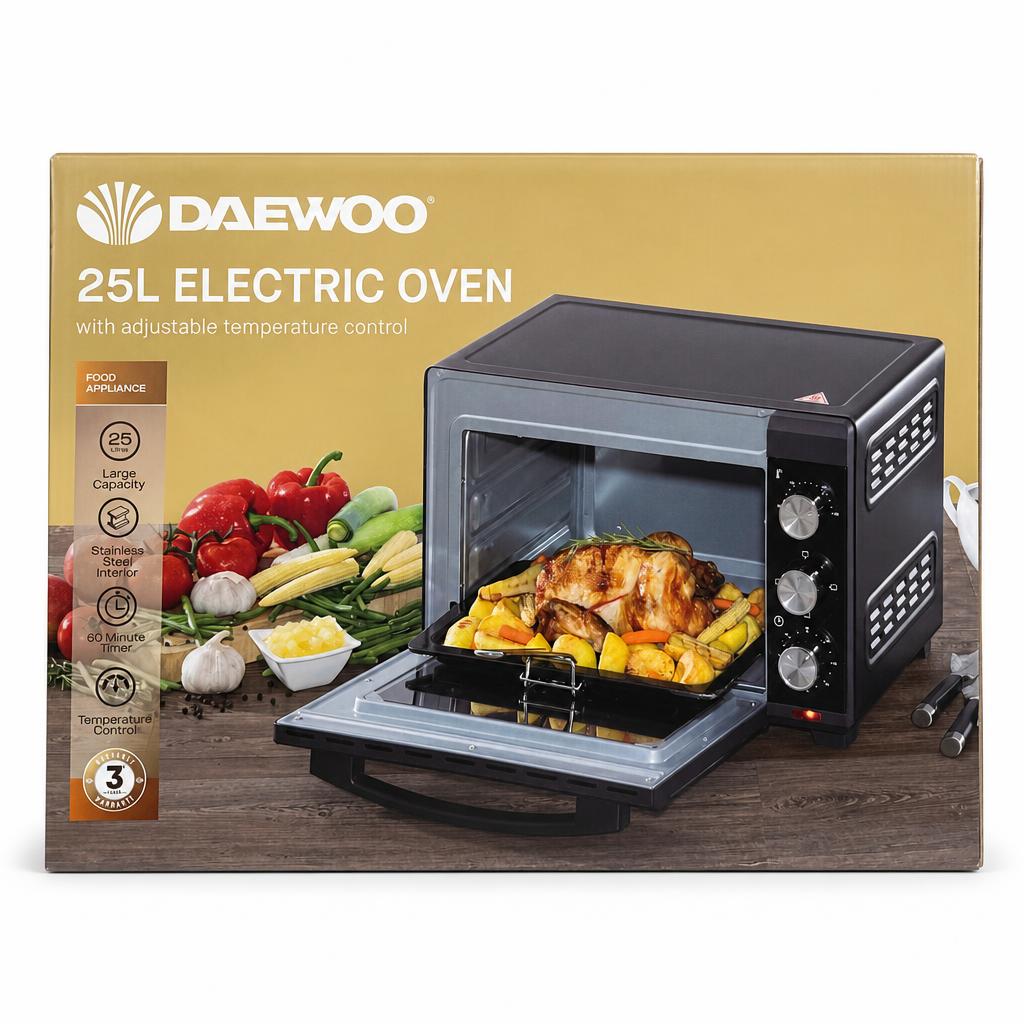 Daewoo 25L Electric Oven with Adjustable Temperature Control Packaging