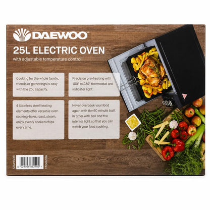 Back of Daewoo 25L Electric Oven with Features Listed