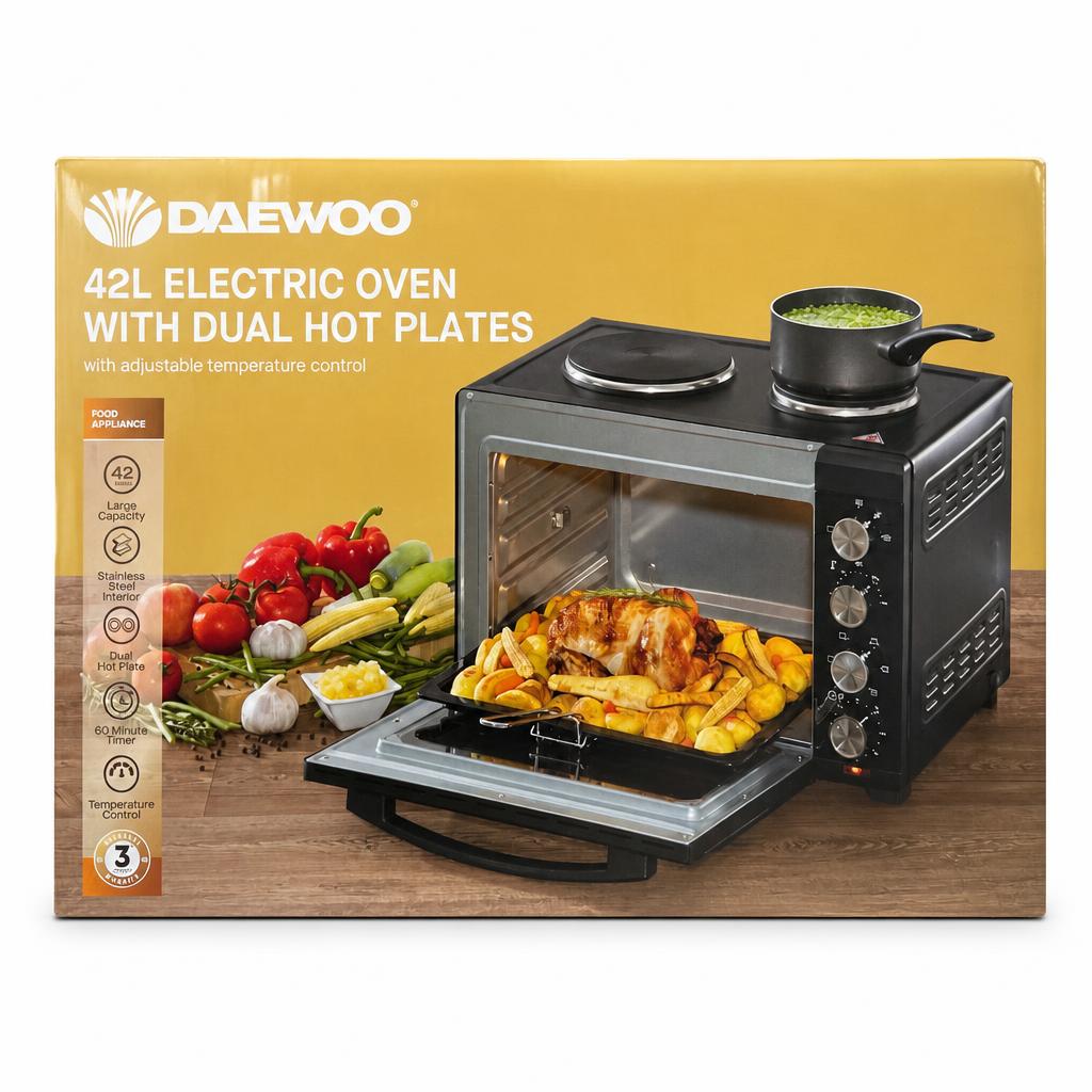 Daewoo 42L Electric Oven with Dual Hot Plates packaging front