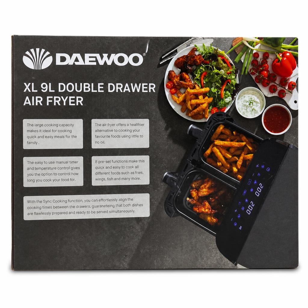 Daewoo XL 9L Double Drawer Air Fryer packaging back view