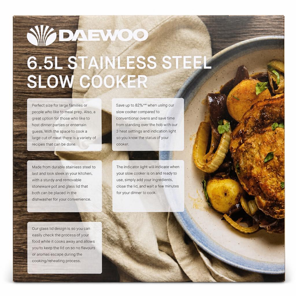 Daewoo 6.5L Stainless Steel Slow Cooker packaging back