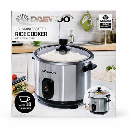 Front view of Daewoo 1.8L stainless steel rice cooker packaging
