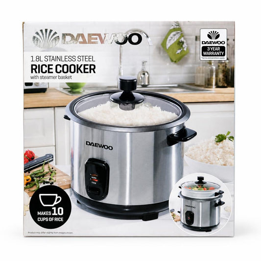 Front view of Daewoo 1.8L stainless steel rice cooker packaging