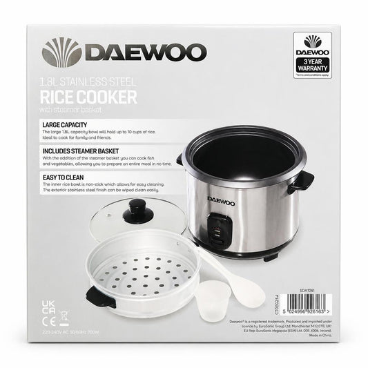 Back view of Daewoo 1.8L stainless steel rice cooker with features