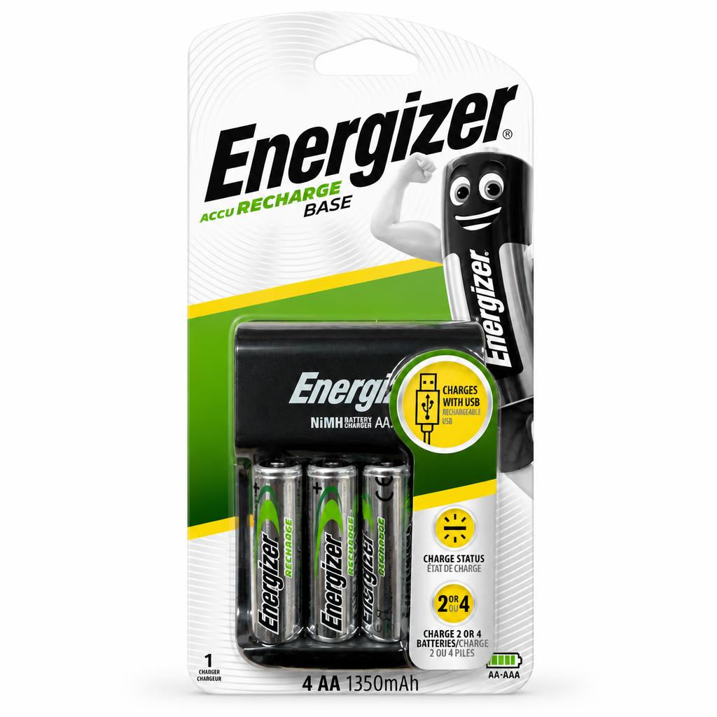 Front view of Energizer Accu Recharge Base Battery Charger packaging