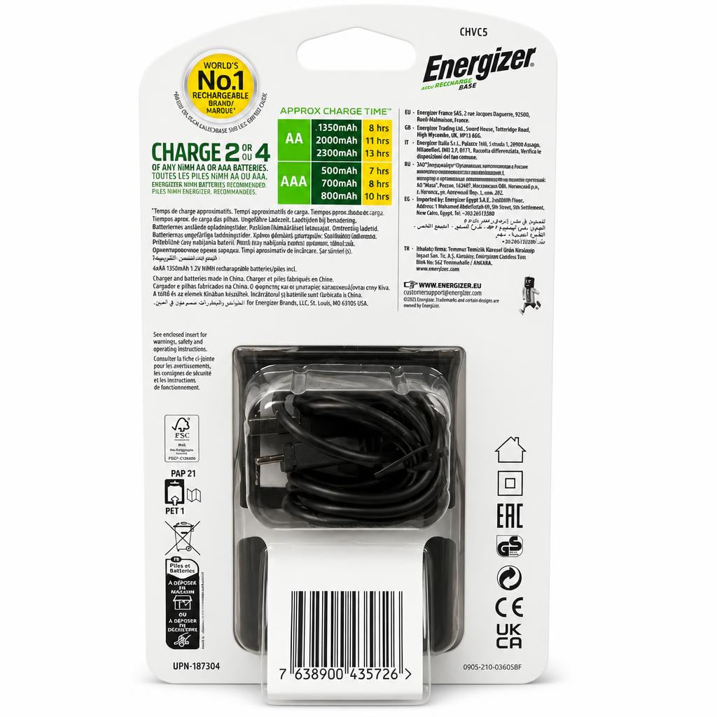 Back view of Energizer Accu Recharge Base Battery Charger with specifications