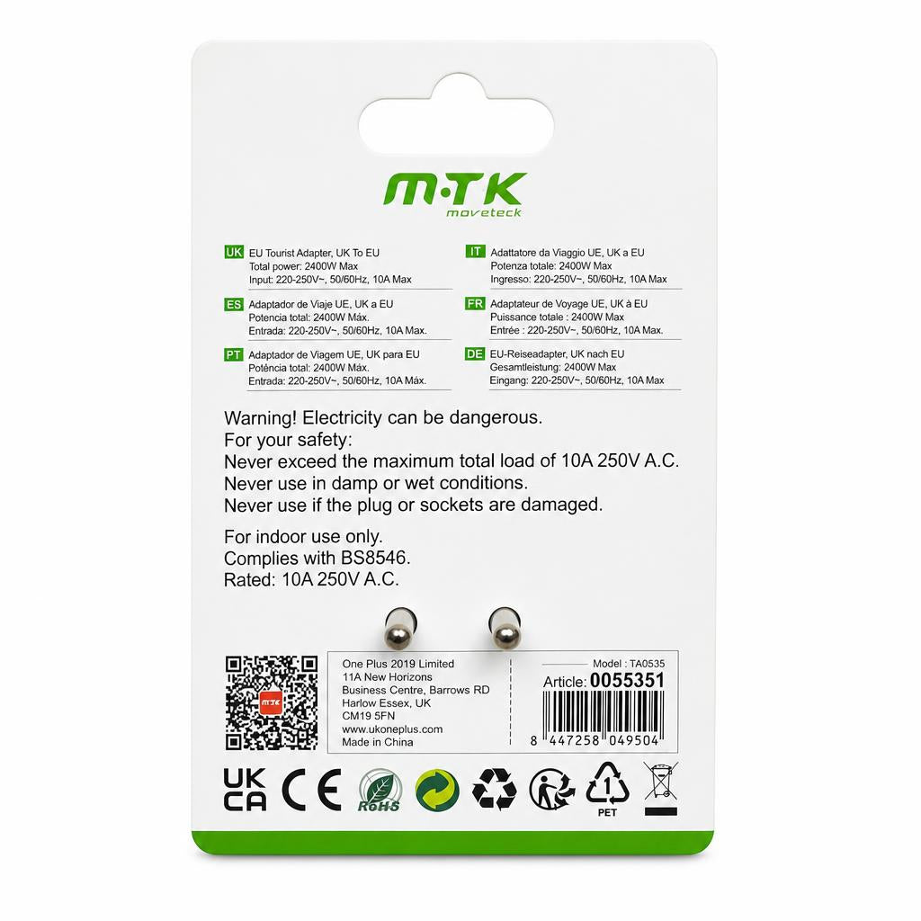 Moveteck EU Tourist Adaptor packaging back