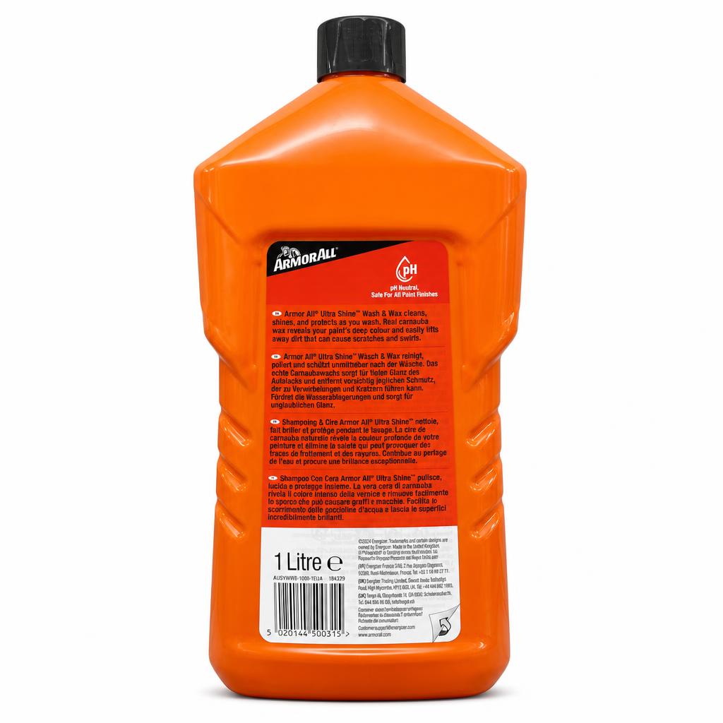 Back of Armor All Ultra Shine Wash & Wax 1 Litre with instructions and barcode
