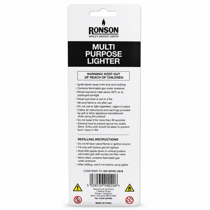 Ronson Multi Purpose Lighter packaging with safety instructions and barcode
