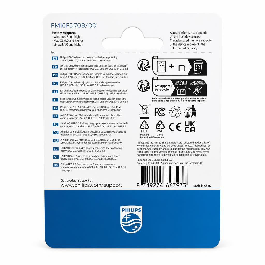 Philips USB 2.0 Flash Drive packaging back with details and barcode
