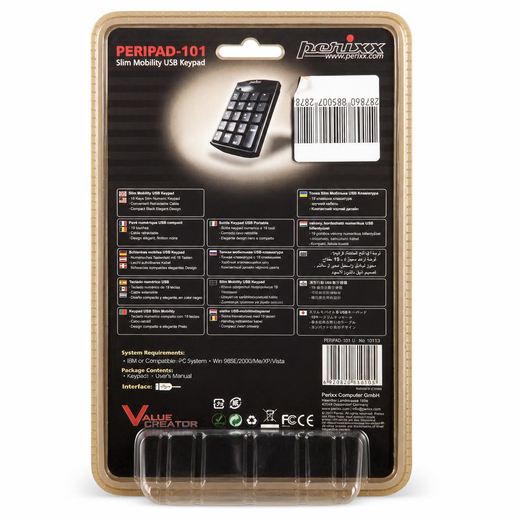 Perixx PERIPAD-101 Slim Mobility USB Keypad packaging back