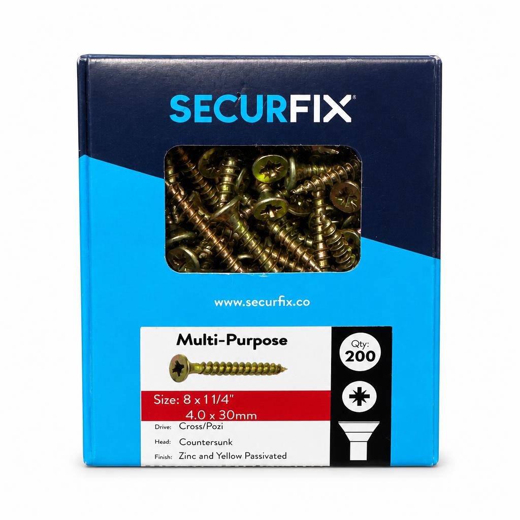 Front packaging of Securfix Multi-Purpose Countersunk Screws box