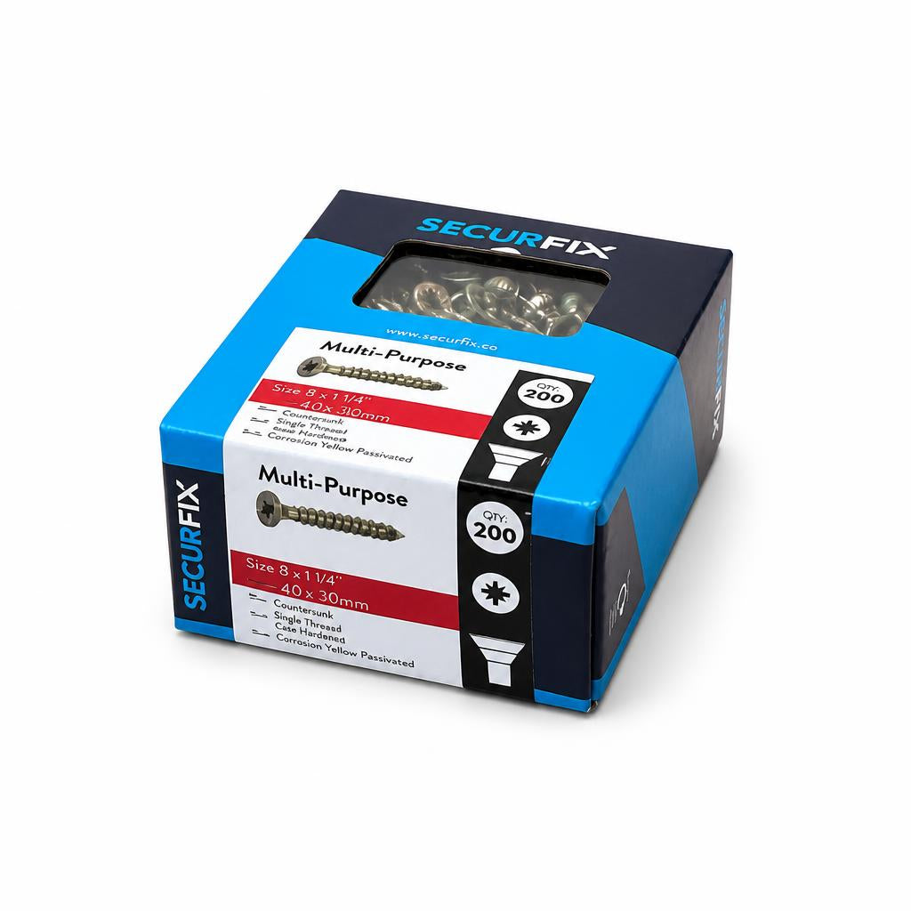 Angled view of Securfix Multi-Purpose Countersunk Screws box