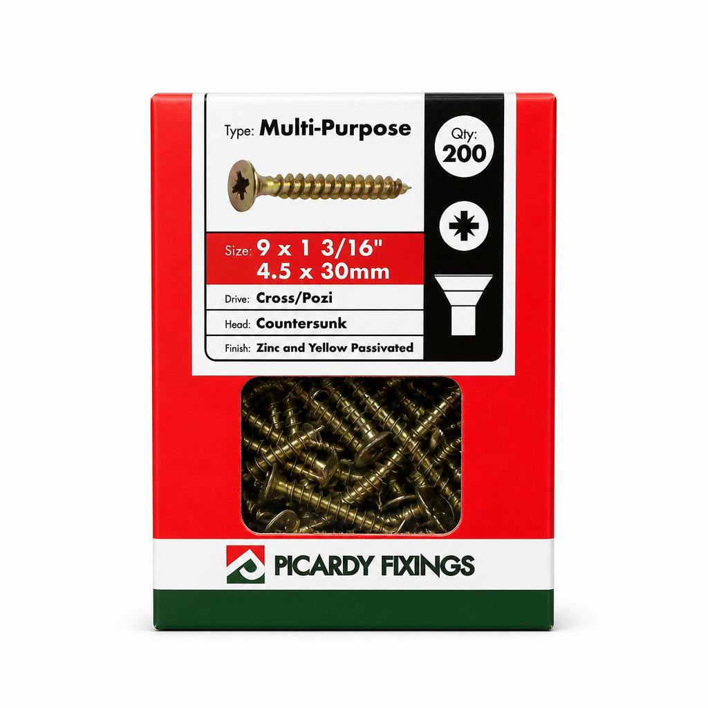 Picardy Fixings Multi-Purpose Screws 4.5 x 30mm 200 Pack Front Packaging