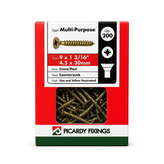Picardy Fixings Multi-Purpose Screws 4.5 x 30mm 200 Pack Front Packaging