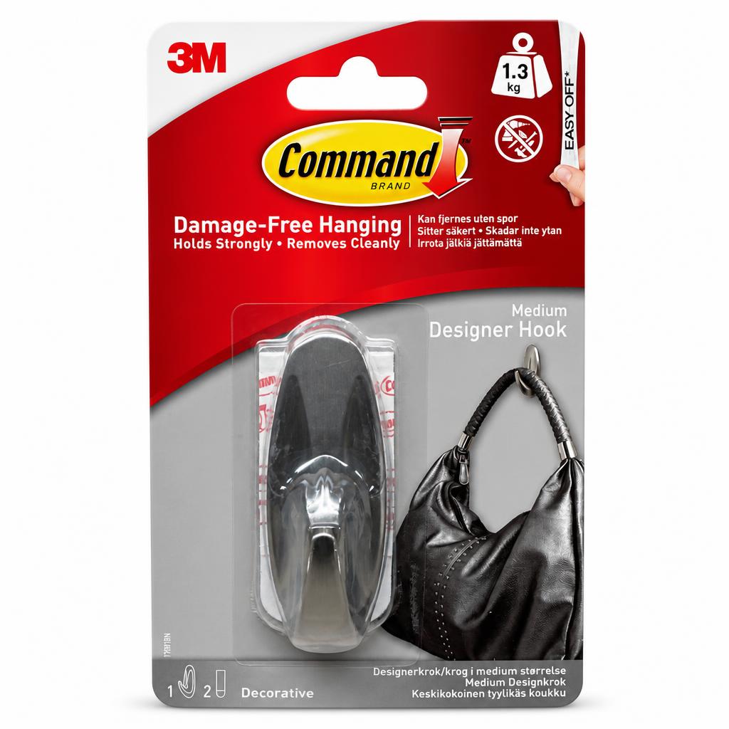 Front of 3M Command Medium Designer Hook package showing the hook and its decorative design.