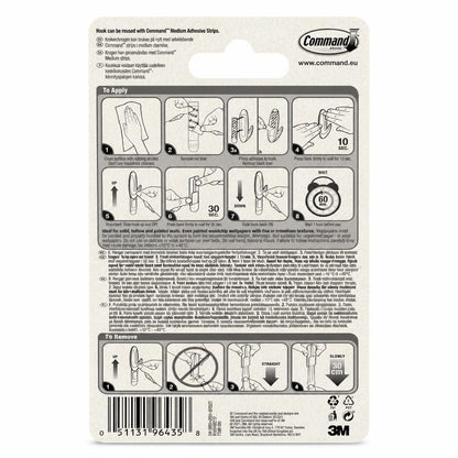 Back of 3M Command Medium Designer Hook package showing instructions and product details.