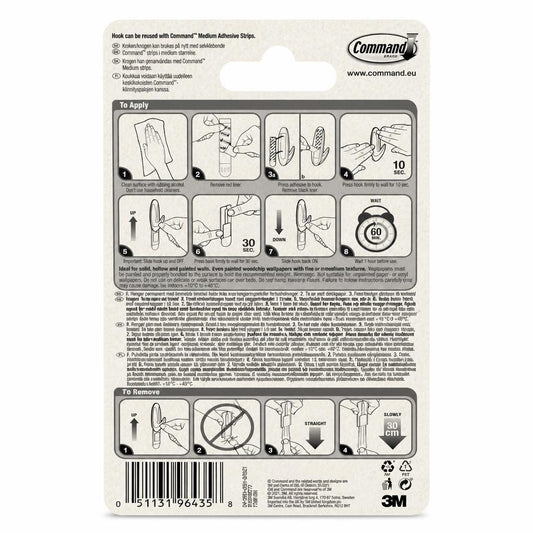 Back of 3M Command Medium Designer Hook package showing instructions and product details.