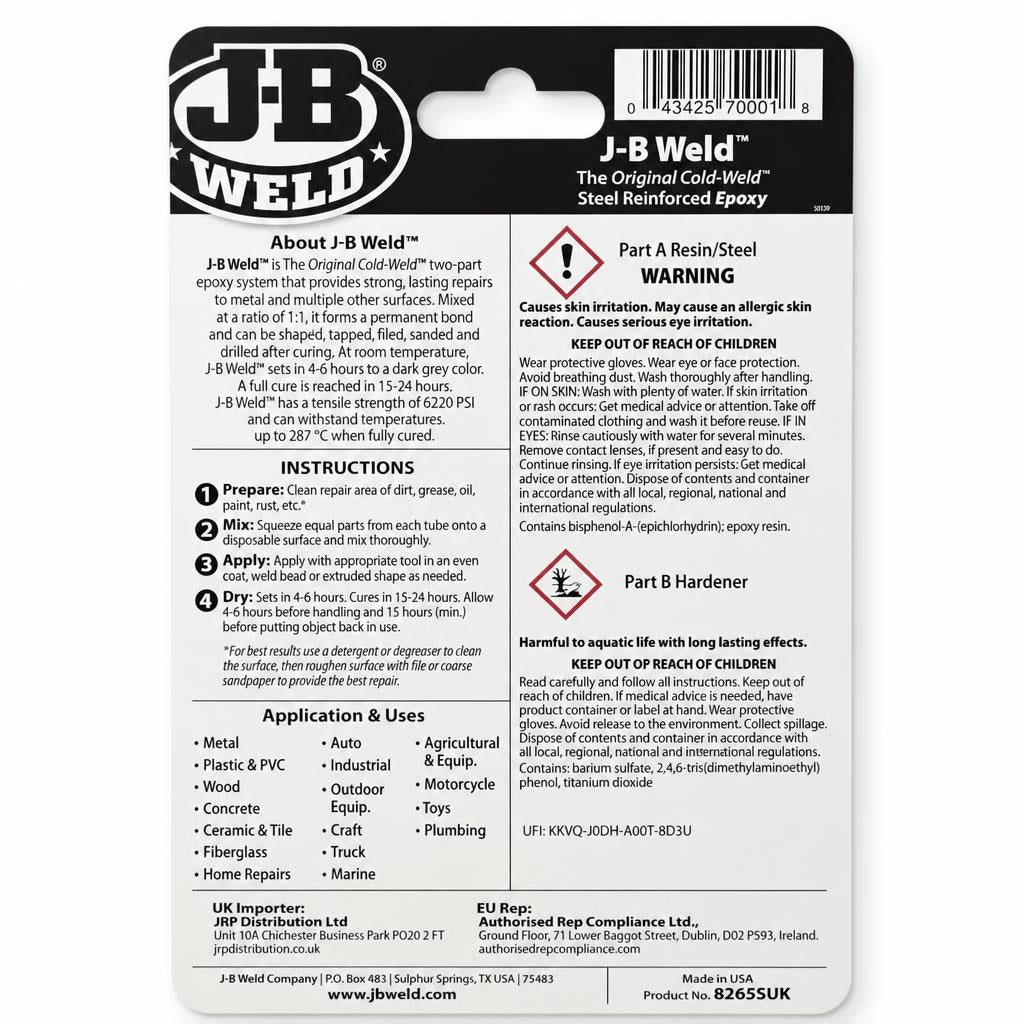 J-B Weld Steel Reinforced Epoxy packaging back view