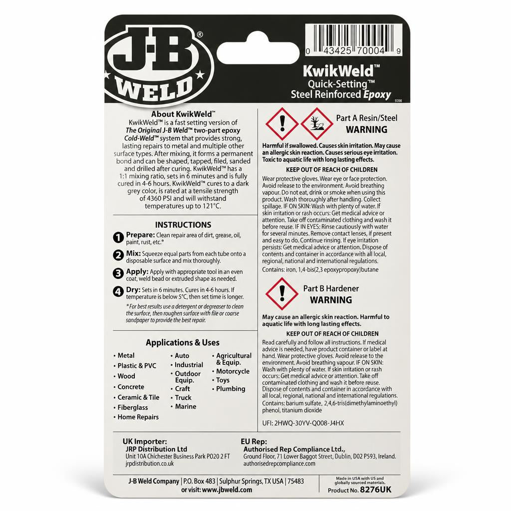 J-B Weld KwikWeld epoxy packaging back view