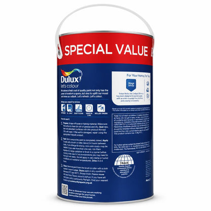 Dulux Pure Brilliant White Silk Emulsion back packaging with instructions