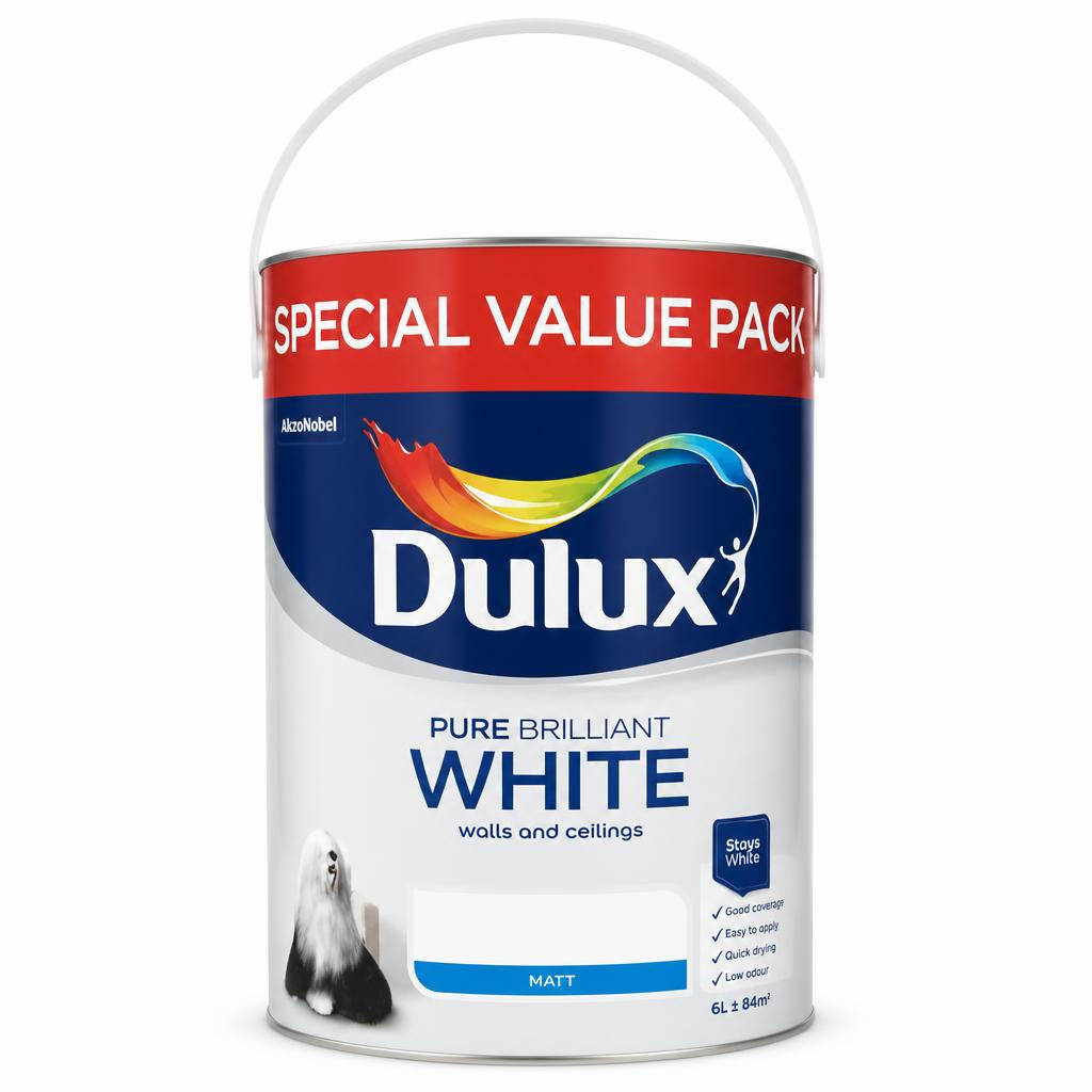 Front view of Dulux Pure Brilliant White Matt Emulsion special value pack