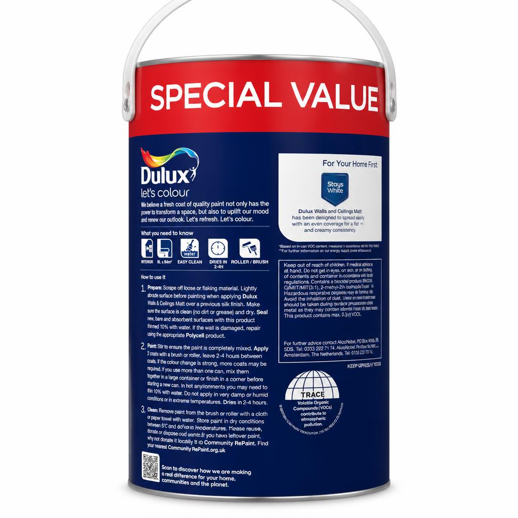 Back view of Dulux Pure Brilliant White Matt Emulsion with product details