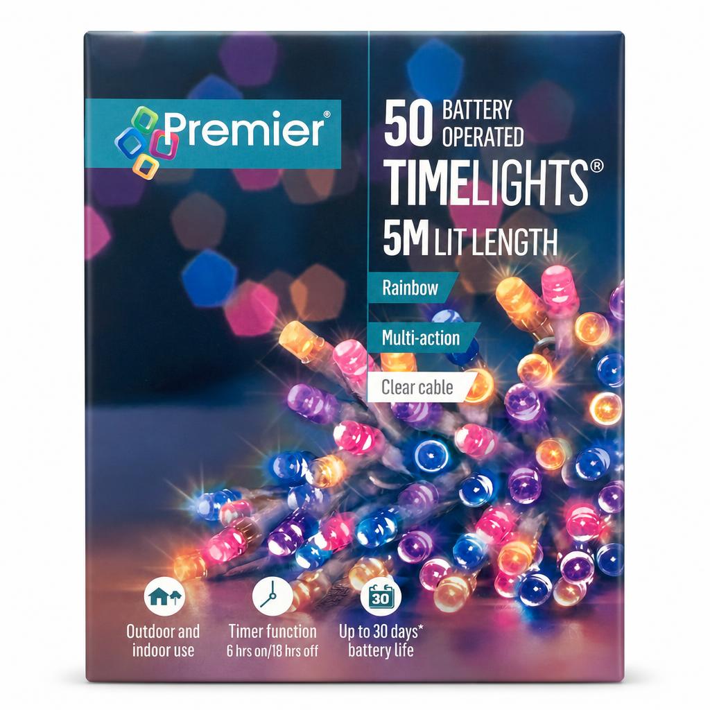 Front packaging of Premier 50 Battery Operated Timelights showing rainbow lights and features