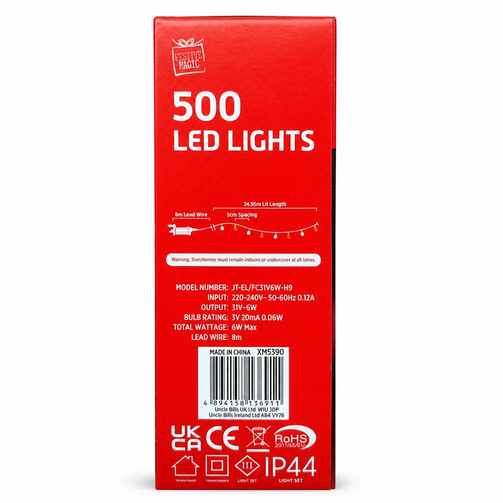 Festive Magic 500 LED Lights packaging side view with specifications