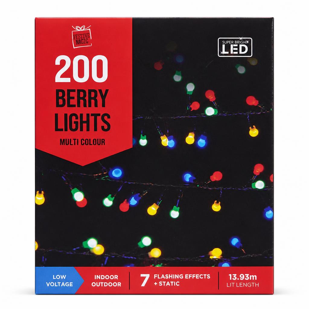Front packaging of Festive Magic 200 Berry Lights showing multi-colour LED