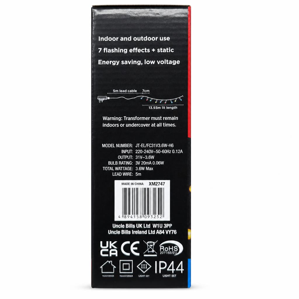 Back packaging of Festive Magic 200 Berry Lights with specifications and safety instructions