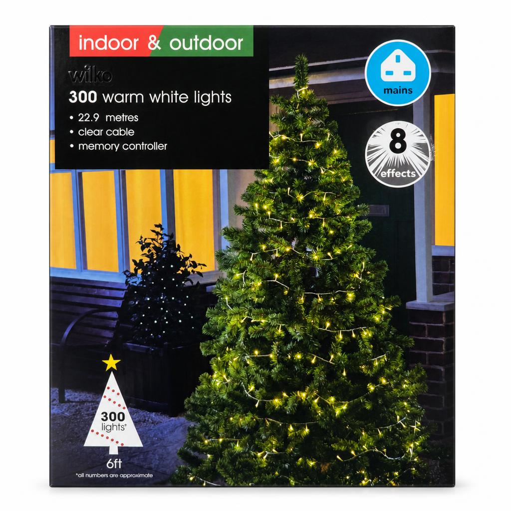 300 warm white lights on a Christmas tree