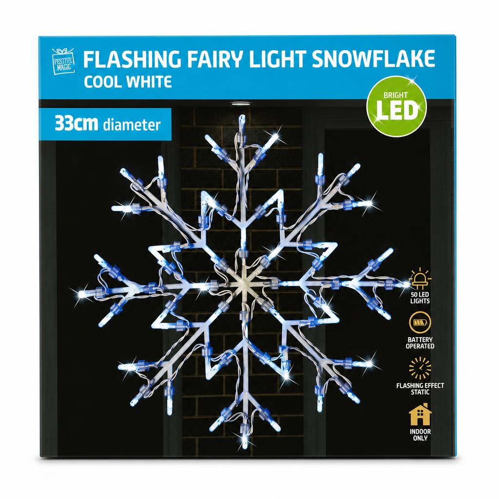 Front view of Festive Magic Flashing Fairy Light Snowflake packaging