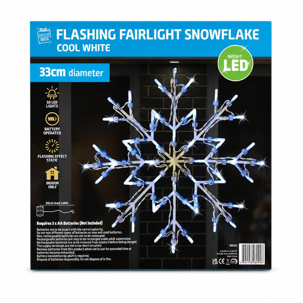 Back view of Festive Magic Flashing Fairy Light Snowflake packaging
