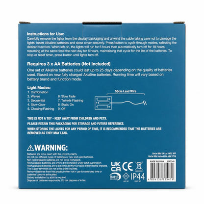 Back view of packaging with instructions for Festive Magic LED Tubelight