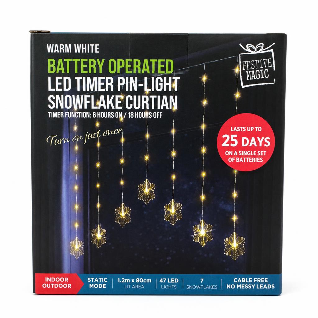 Front view of Festive Magic LED Timer Curtain Lights packaging