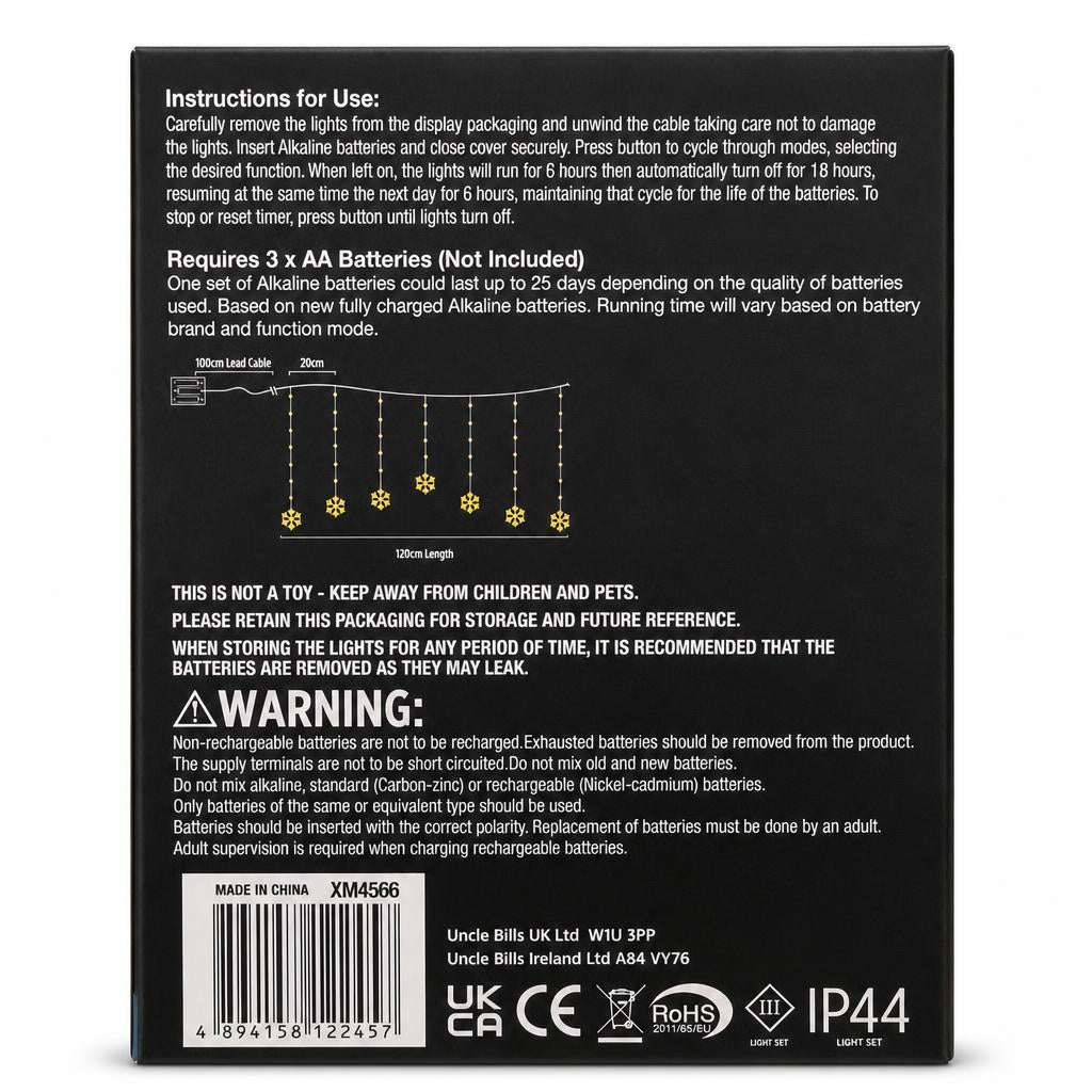 Back view of Festive Magic LED Timer Curtain Lights packaging with instructions and safety information