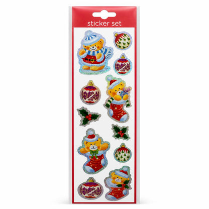 Close-up of festive bear and holly sticker set