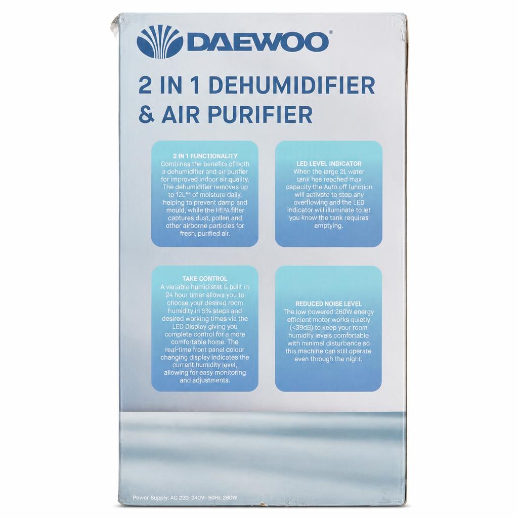 Daewoo 2 in 1 Dehumidifier & Air Purifier packaging back