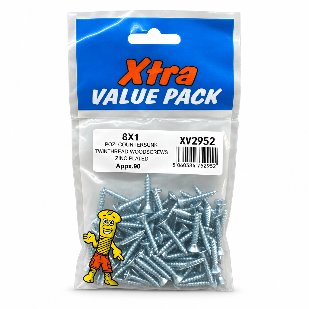 Xtra Value Pack Zinc Plated Wood Screws 8x1 Front Packaging
