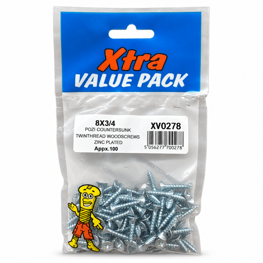 Front view of Xtra Pozi Countersunk Twinthread Woodscrews packaging