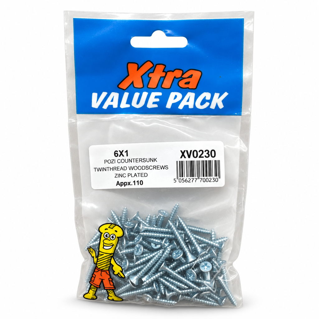 Xtra Value Pack of Pozi Countersunk Woodscrews with label showing product details